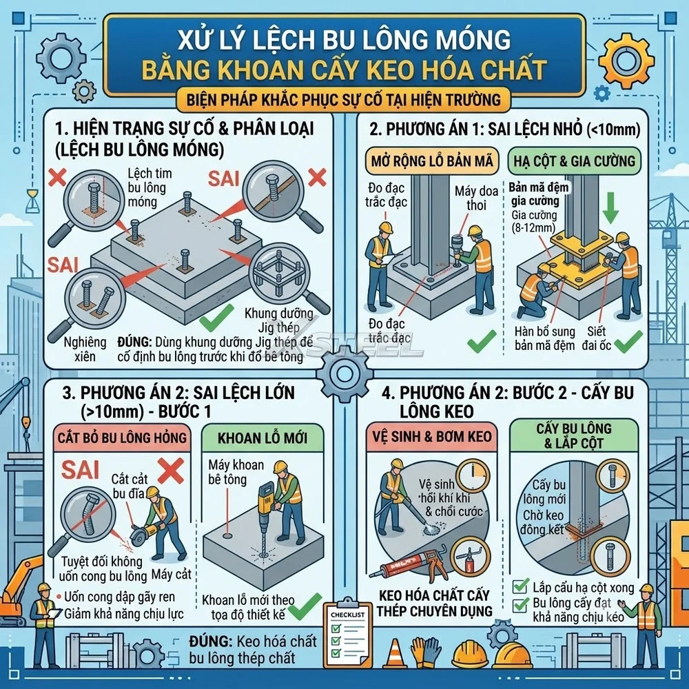 Phương Án Xử Lý Lệch Bu Lông Móng Bằng Khoan Cấy Keo Hóa Chất
