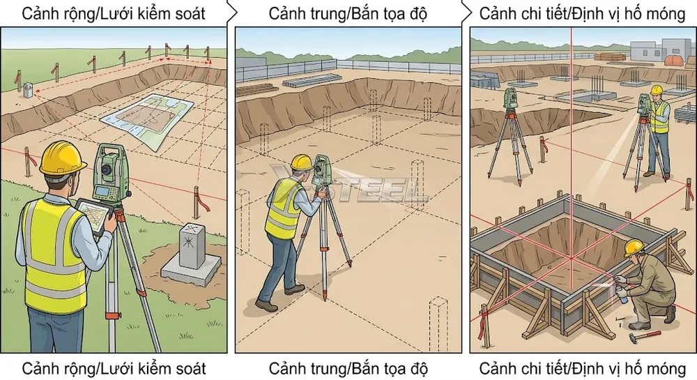 Bước 1 – Định Vị Lưới Tim Cột Bằng Máy Kinh Vĩ Hoặc Máy Toàn Đạc