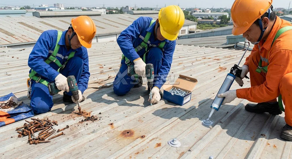 Bước 2 – Thay Thế Hệ Đinh Vít Rỉ Sét Và Bắn Keo Silicone Chuyên Dụng
