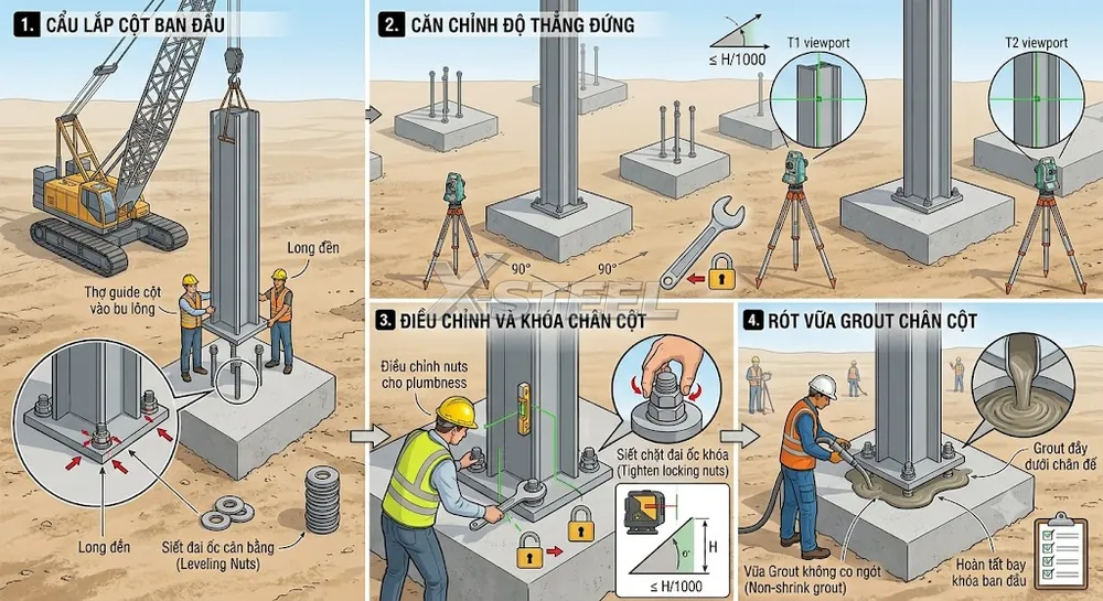 Bước 2 – Thi Công Lắp Dựng Gian Khóa Cột Ban Đầu