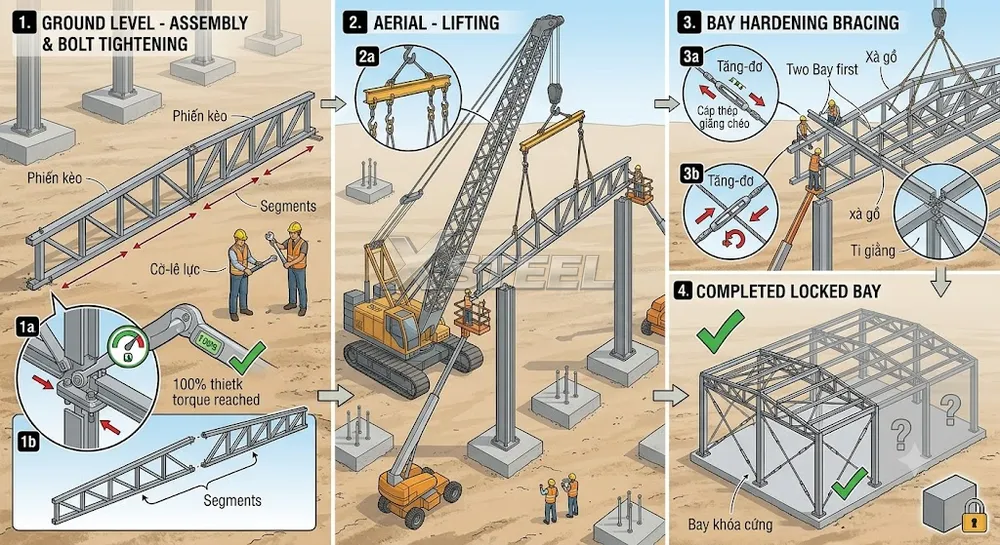 Bước 3 – Cẩu Lắp Kèo Thép Và Hệ Giằng Mái Tiêu Chuẩn