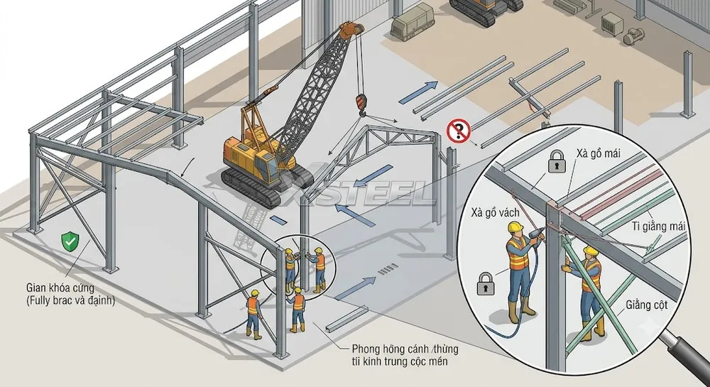 Bước 4 – Mở Rộng Thi Công Lắp Dựng Các Khung Kèo Tiếp Theo