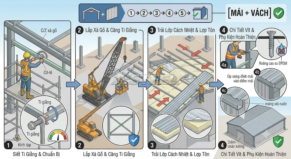 Bước 6 – Lắp Đặt Hệ Xà Gồ, Ti Giằng Và Thi Công Lợp Tôn