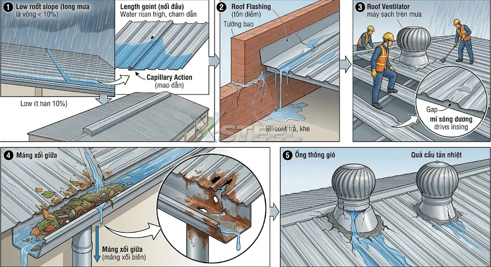 Dột Tại Máng Xối Nước Và Cổ Ống Thông Gió