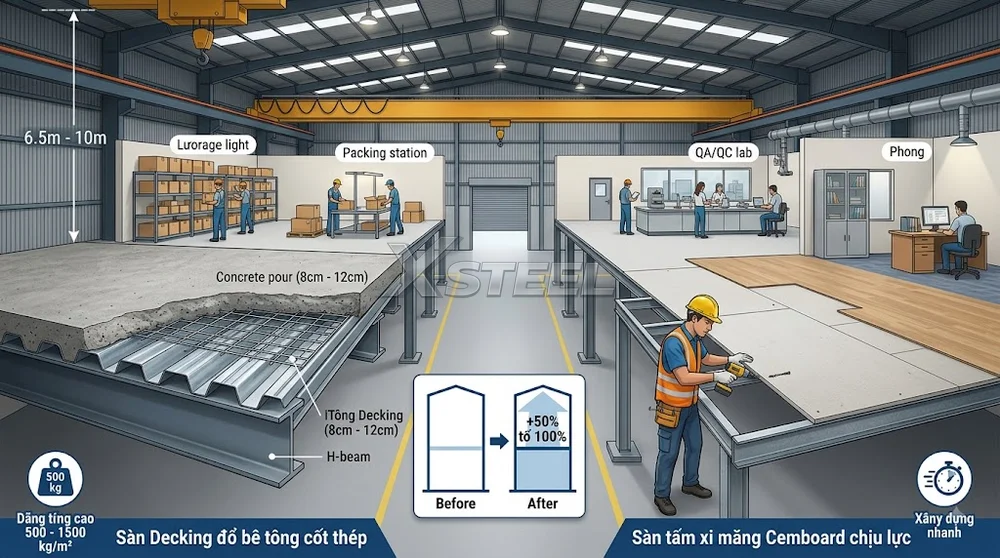 1. Làm Sàn Gác Lửng Mezzanine Tận Dụng Chiều Cao Nhà Xưởng