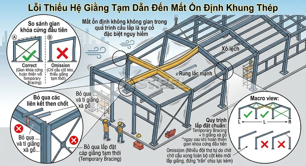 Lỗi Thiếu Hệ Giằng Tạm Dẫn Đến Mất Ổn Định Khung Thép