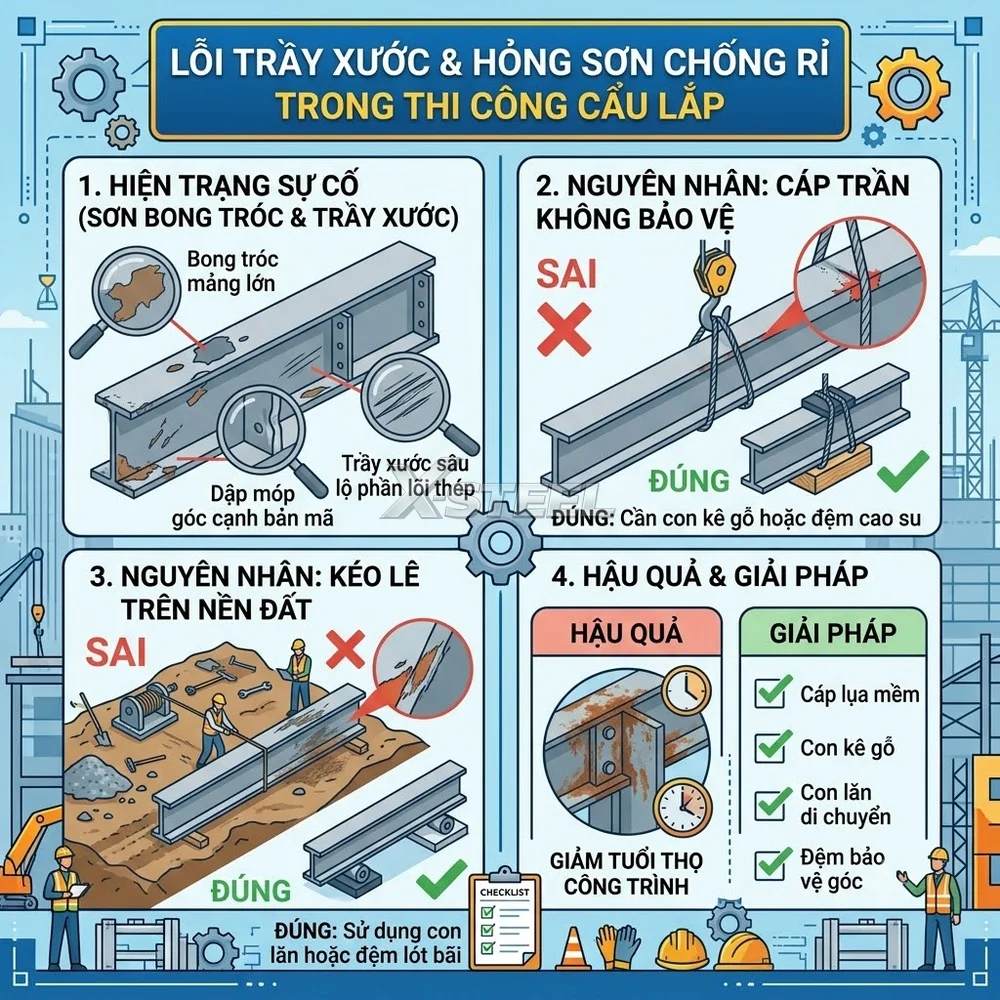 Lỗi Trầy Xước Lớp Sơn Chống Rỉ Vòng Thi Công Cẩu Lắp