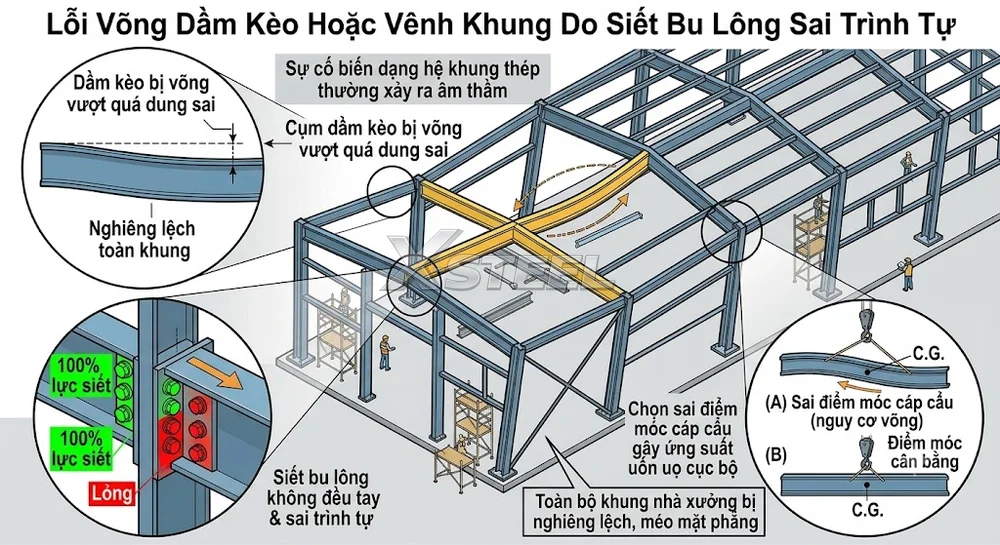 Lỗi Võng Dầm Kèo Hoặc Vênh Khung Do Siết Bu Lông Sai Trình Tự