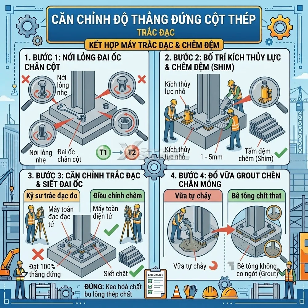 Quy Trình Căn Chỉnh Độ Thẳng Đứng Cột Bằng Máy Trắc Đạc Và Chêm Đệm