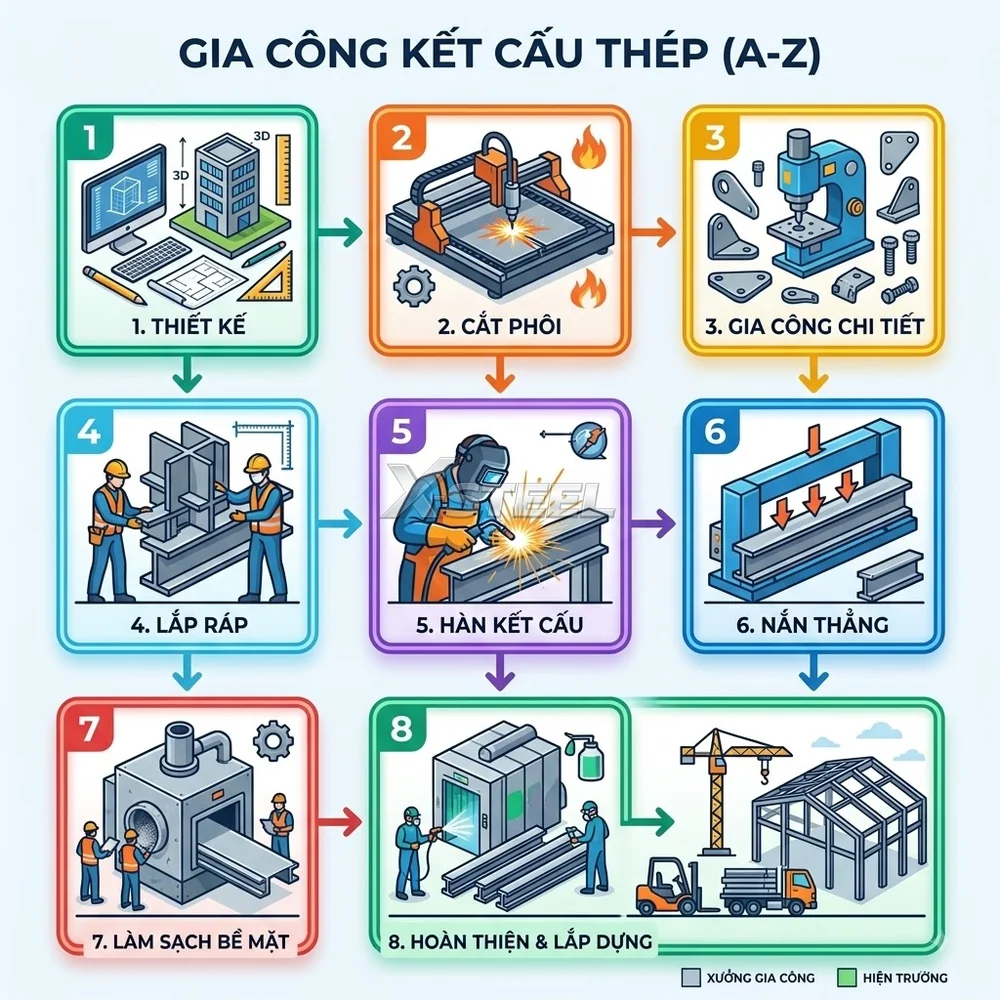 Quy Trình Gia Công Kết Cấu Thép Nhà Xưởng Tiền Chế Chi Tiết Từ A Đến Z