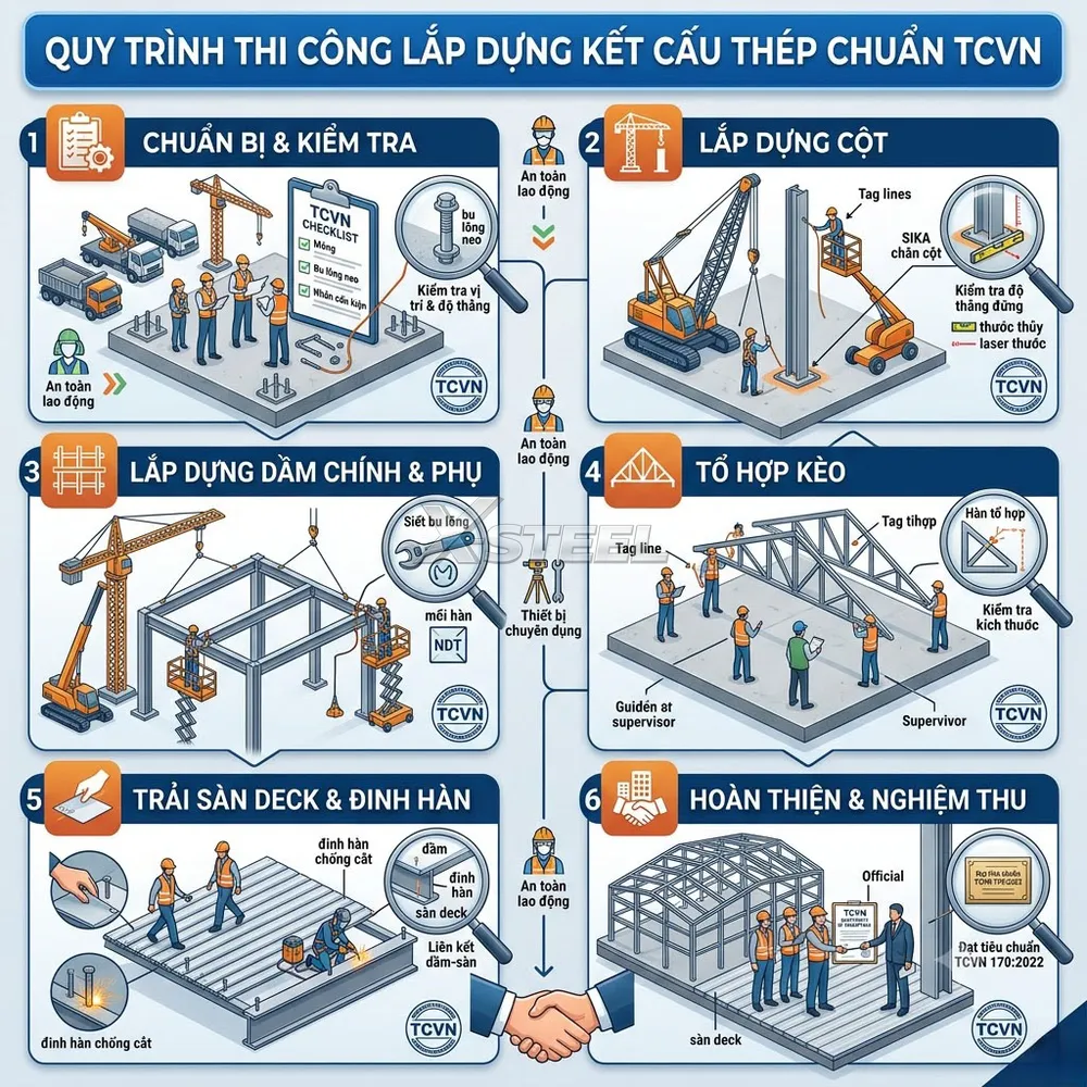 Quy Trình Thi Công Lắp Dựng Kết Cấu Thép Chuẩn TCVN