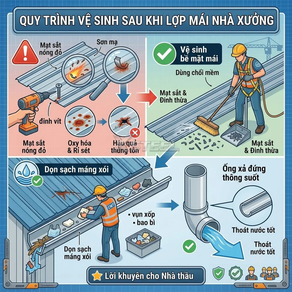 Vệ Sinh Tàn Dư Đinh Vít Và Mạt Sắt Sau Khi Lợp